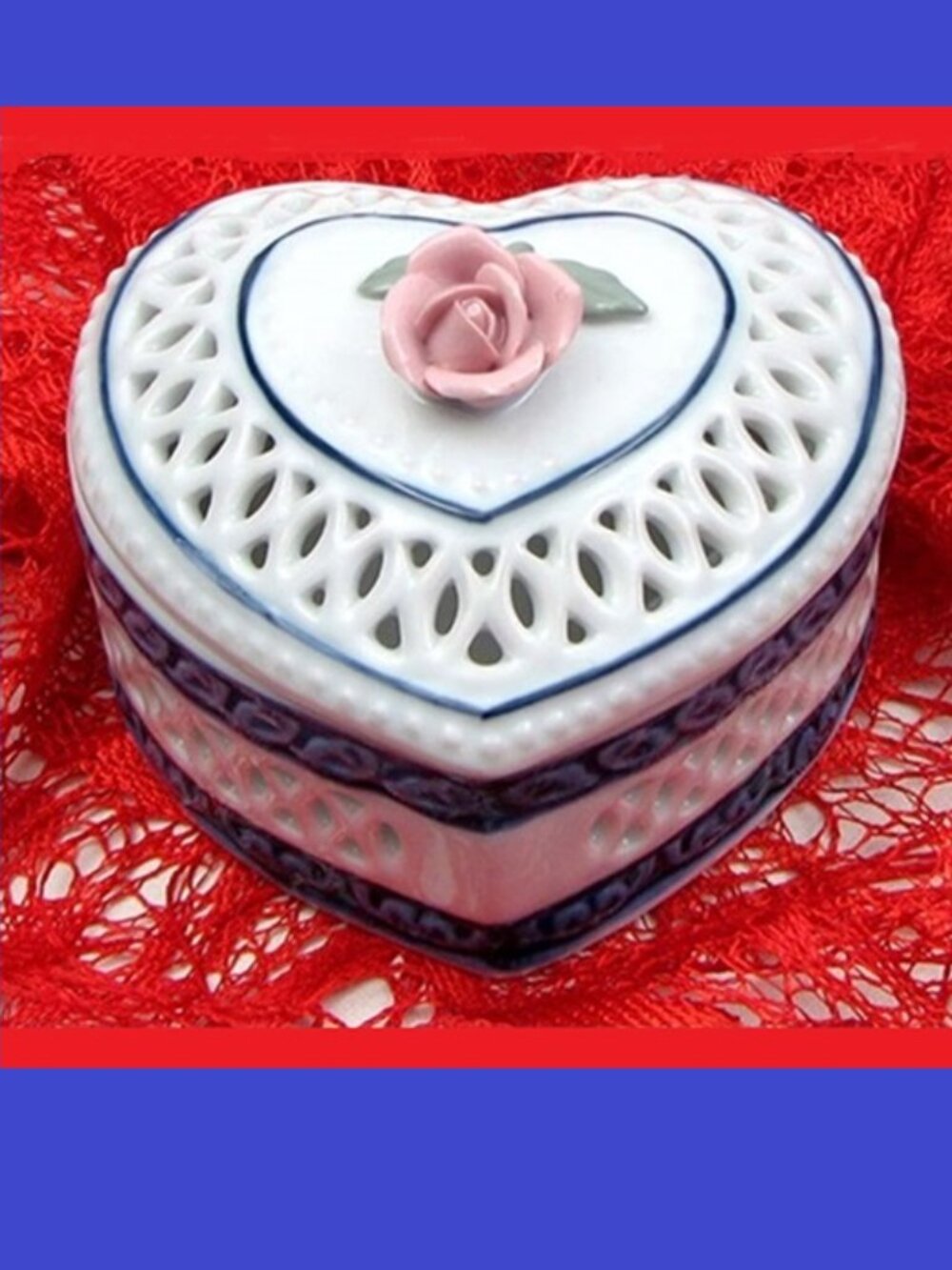 Woven Porcelain Heart Trinket Box with Pink Rose on Top 4" wide by 3" tall 33541